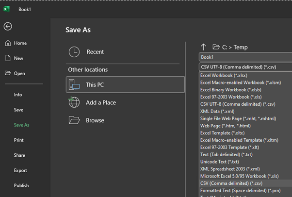 Save file options in Excel.
